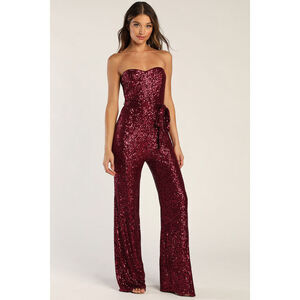 Flirty Moves Wine Red Sequin Strapless Wide-Leg Jumpsuit